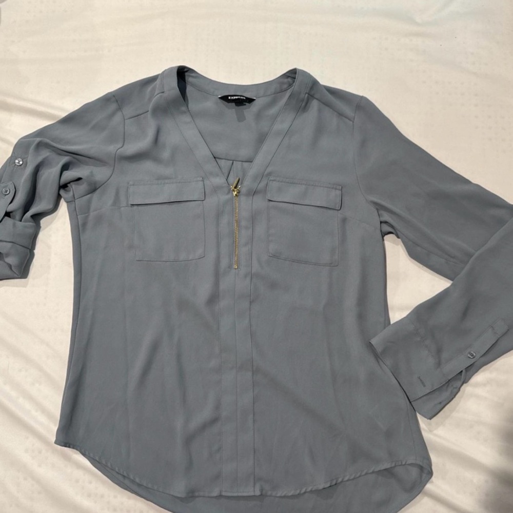 Express Light Gray Blouse with Zipper Detail
